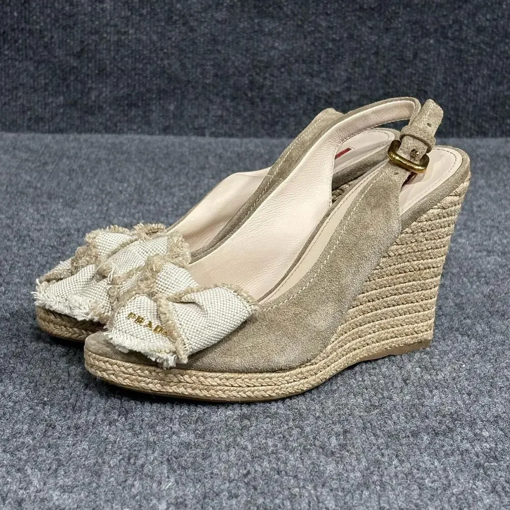 Prada Wedge Sandals Womens 5.5 Beige Espadrille Bow Peep Toe Suede Canvas